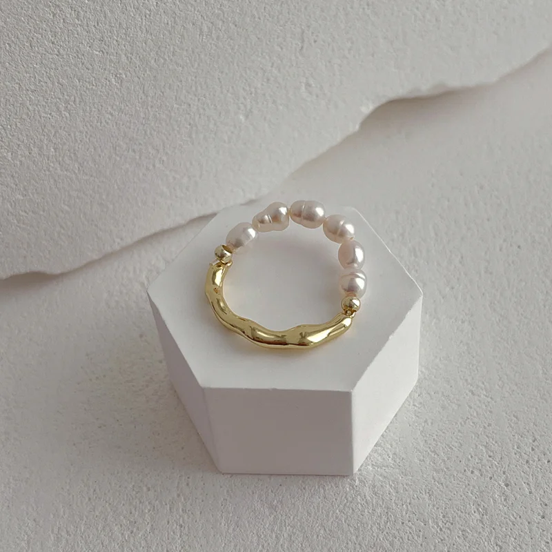 Minar INS Fashion Natural Freshwater Pearl Charm Rings Women Double Layered Gold Color Metal Irregular Geometrical Open Ring fashion rings gold rings fashion ring finger rings metal rings pearl finger ring