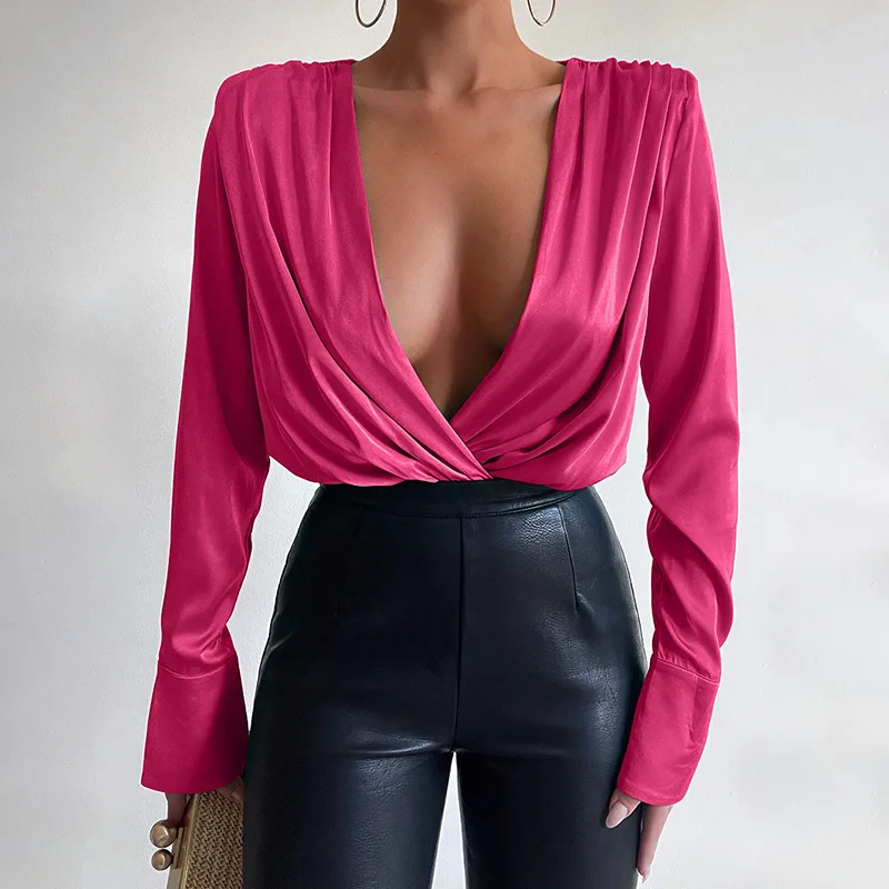 

Elegant V-neck Silk Blouse Vintage Long Sleeve Sexy Bodysuit Solid Satin Shirt Women Spring Loose Green Office Lady Tops 19379