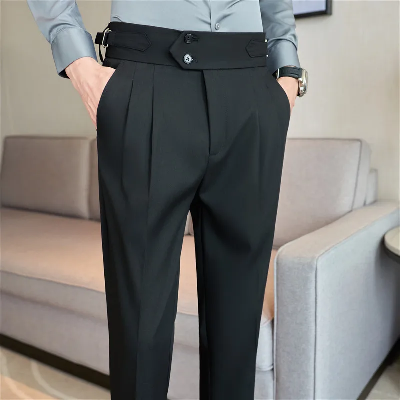 British Style Autumn Men High Waist Trousers Belt Design Slim Fit Suit Pants
