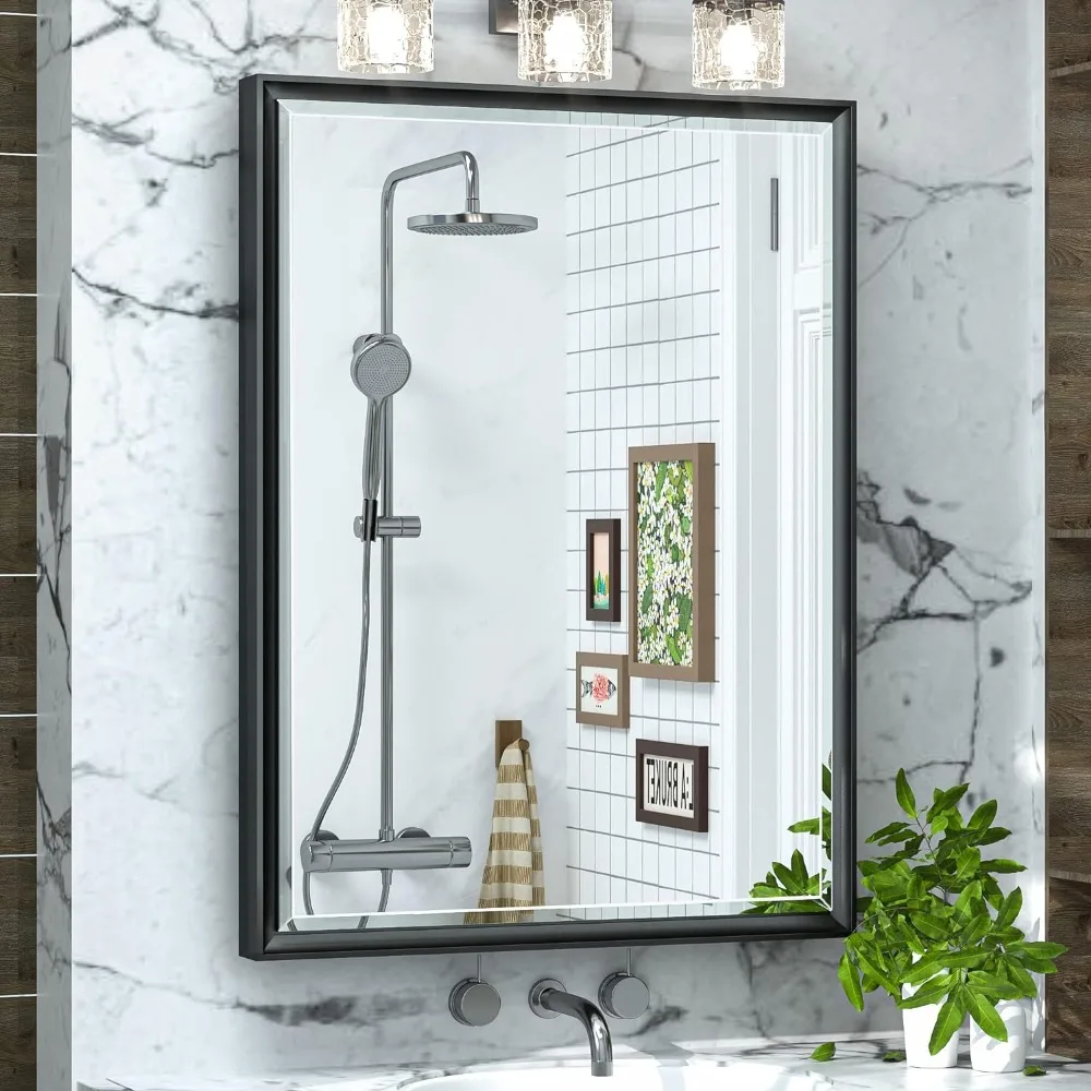 

Встраиваемый шкаф для лекарств, зеркало для ванной комнаты, черная металлическая рамка, настенное крепление со скошенным алюминиевым сплавом
