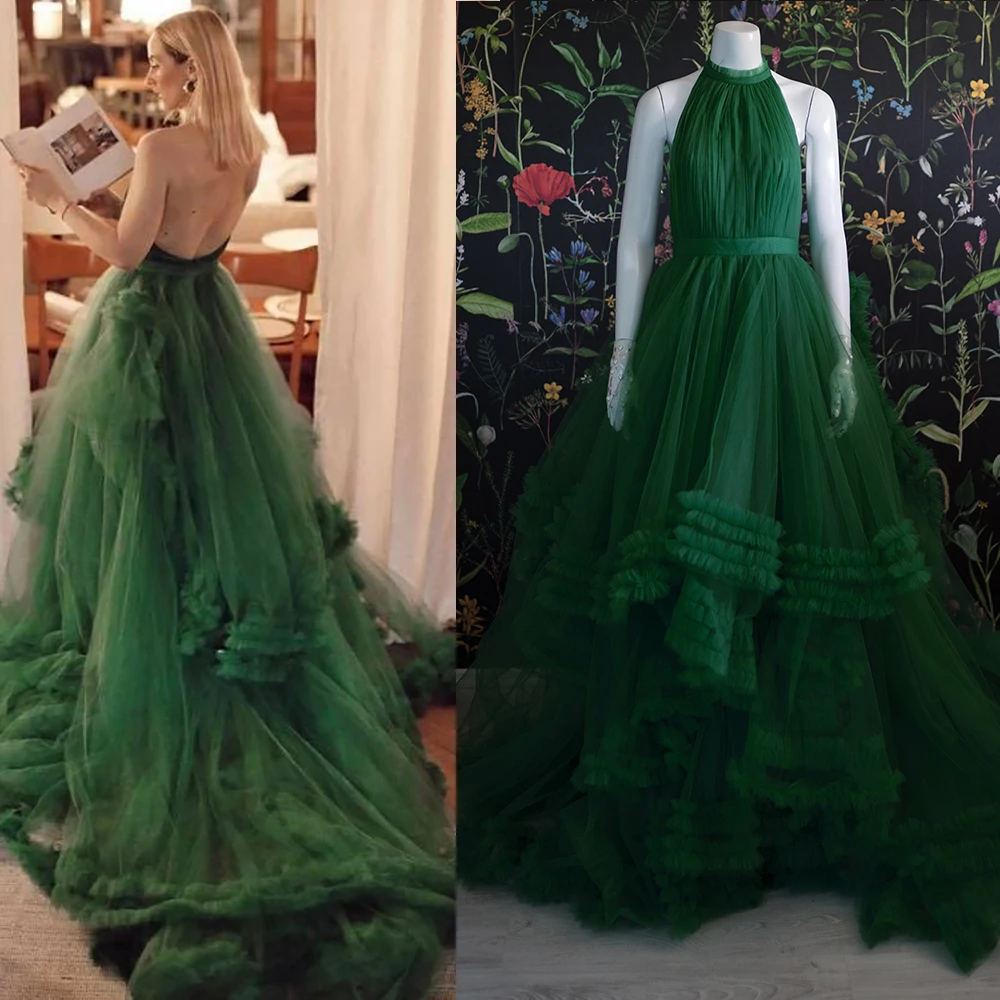 

Halter Backless Tutu Princess Evening Birthday Gowns Plus Size Colorful Customized High Split Ruffled Puffy Photography Dress