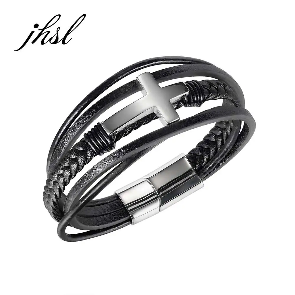 

JHSL Men Magnet Statement Wrap Bracelets Bangles with Cross Charm Black Fiber Synthetic Leather Stainless Steel Fashion Jewelry
