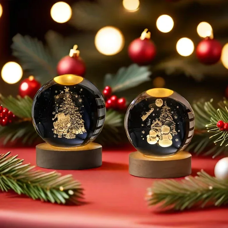 USB 3D Crystal Ball Night Light Engraved Santa Claus Snowman Globe LED Glass Sphere Wooden Base Birthday Gift Home Decorations