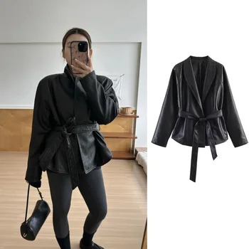 PRINTKAOIR Veste Courte Femme en Cuir PU Style Vintage Ceinturée Col Montant Printemps Minimaliste Rétro Urbain Tendance