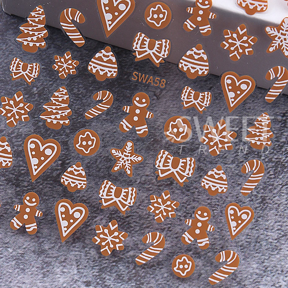 2pcs 3D Christmas Gingerbread Man Nail Stickers Cute Candy Bows Heart Nail Slider Winter Snowflake Nails Decorations Accessories