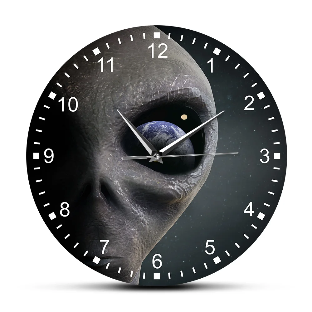 

Earth Moon In The Alien Eye Wall Clock For Living Room Decor Outer Space Planet Extra-terrestrial Looking At Earth Morden Watch