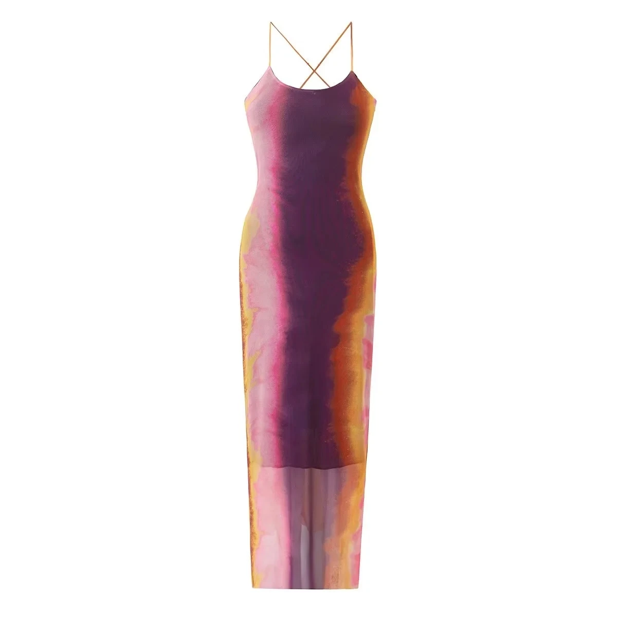 TRAF-Vestido Longo Tie Dye Tule Feminino, Slip