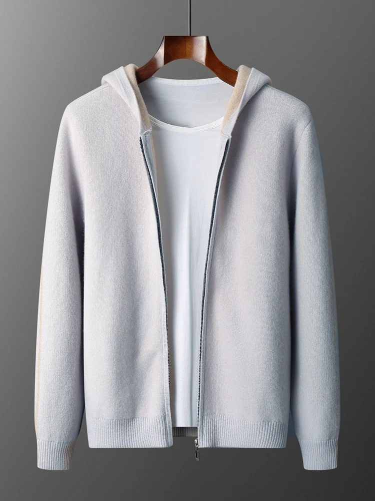 A-class 100% Pure Cashmere Coat Men's Zipper Hooded Knitted Cardigan Autumn Winter New Item Thick Air Layer Shirt Warm Menswear 1