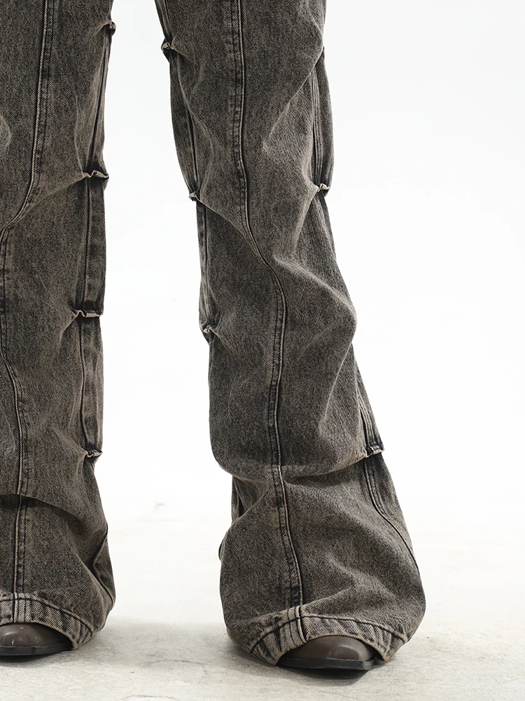 Jeans Women American Style Side Pleated Washed Distressed Denim Trousers High Street Hip Hop Advanced Autumn Hotsweet Girls Chic