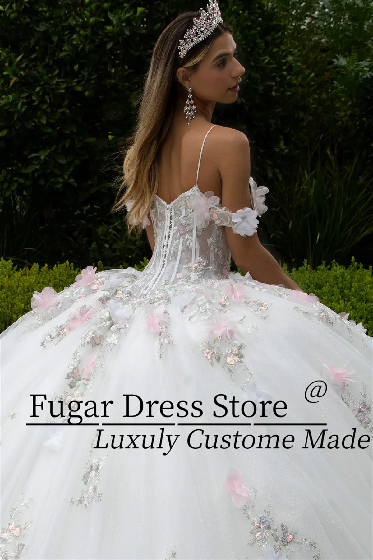 French Off White Quinceanera Dresses 3D floral decal long off shoulder dress paired with A-line skirt Customize