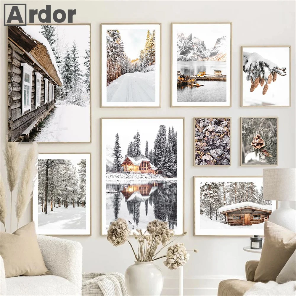 

Sunrise Forest Mountain Lake Posters Cabin Wood Pine Cone Wall Art Canvas Painting Nordic Prints Winter Snow Pictures Home Decor