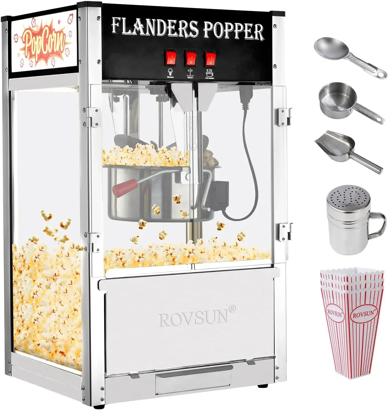 ROVSUN Popcorn Machine with 12 Ounce Kettle Makes, Countertop Popcorn Maker w/Stainless Steel Scoop, Oil Spoon & 3 Cups