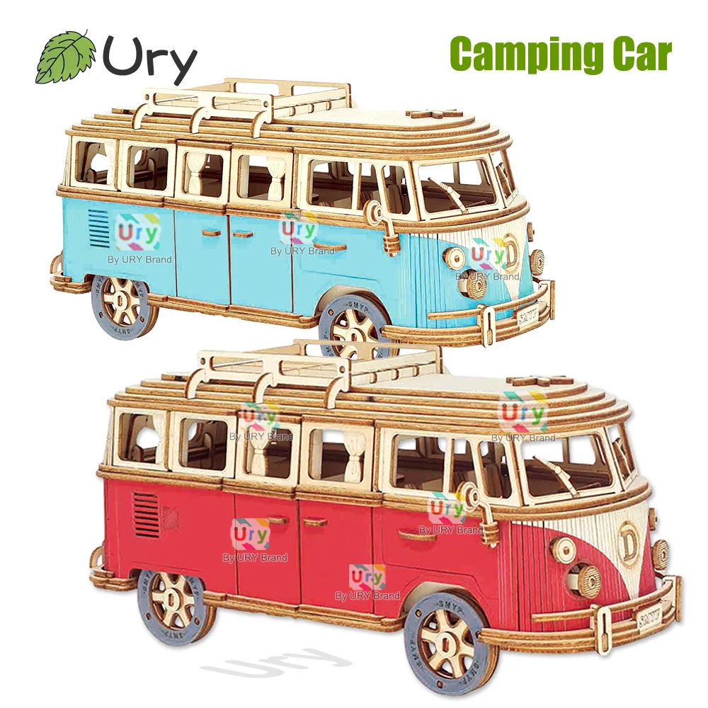 Wooden Puzzle Toys 3D Retro Camping Car Bus Assembly Model for Kid Adult