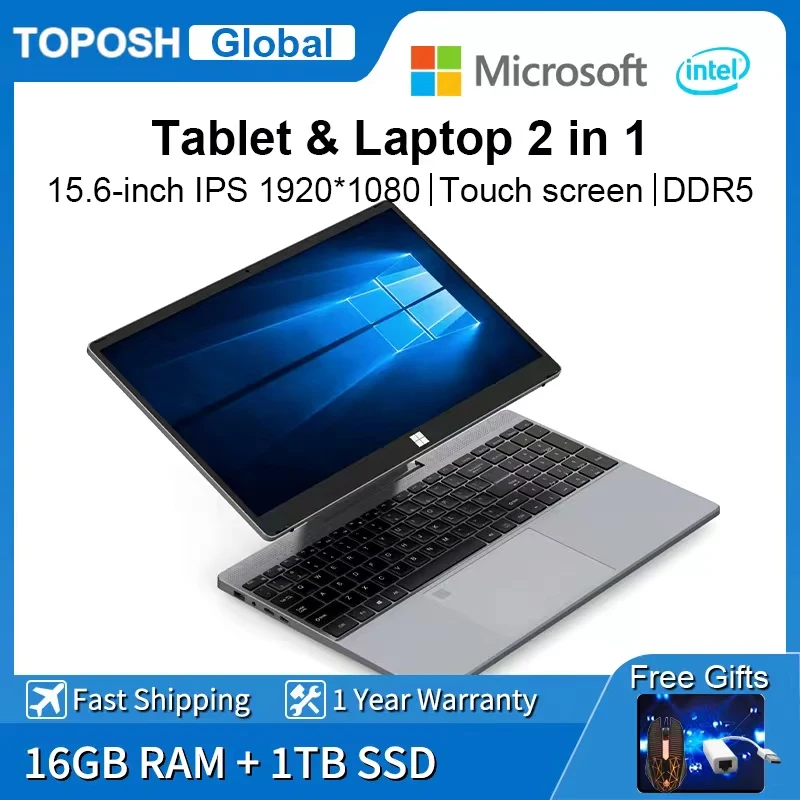TOPOSH Tablet Laptop 15.6 inch Intel N95 16GB RAM 1TB SSD Touch screen