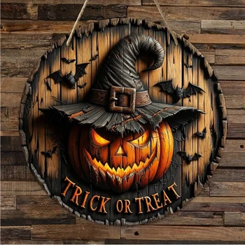 Logotipo de corona de madera para Halloween, colgante de madera con cabeza de calabaza Retro, decoración artística de terror, hogar, jardín, patio