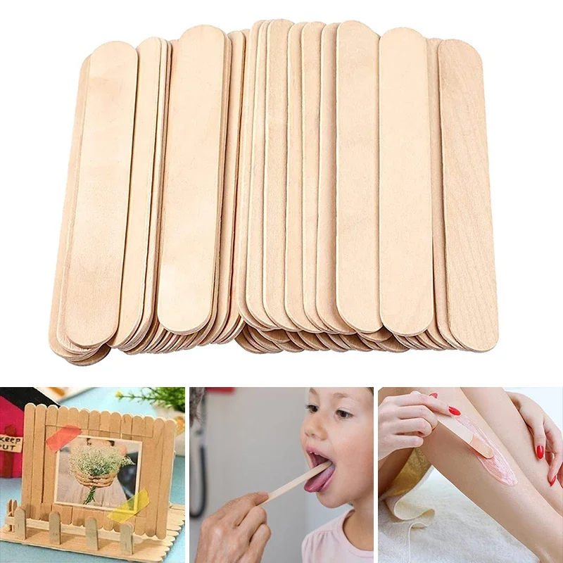 

50Pcs Ice Cream Sticks Natural Wooden Sticks Disposable Waxing Stick DIY Making Handwork Craft Flat Head Sticks Kitchen Tools