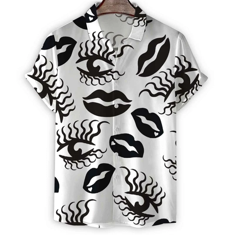 thumbnail image 1 of Camisa hawaiana con estampado 3D creativo de ojos y labios para hombre, blusa de solapa de manga corta, camisetas casuales de verano para vacaciones de calle, camisas de gran tamaño, 1 of 4