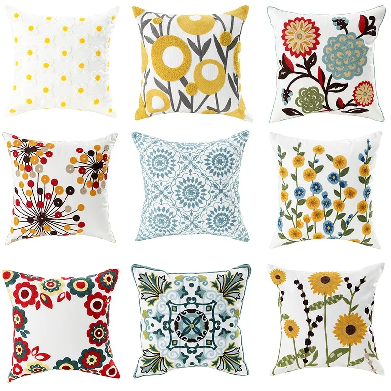 

New Canvas Towel Embroidered Floral Pillow Case Pastoral Style Home Sofa Cushion Cover Office Pillow Cover Home Decorative
