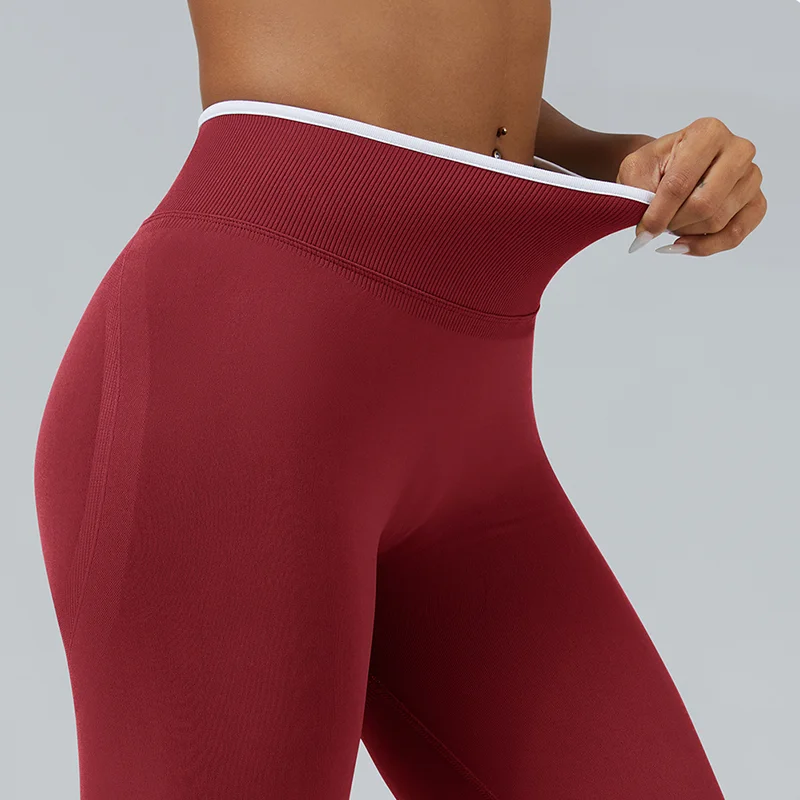 Frauen Nahtlose Gym Einfarbig Sport Hosen Weiß Rand Taille Enge Hohe Taille Hüfte Heben Hosen Lauftraining Leggings – Detail 6