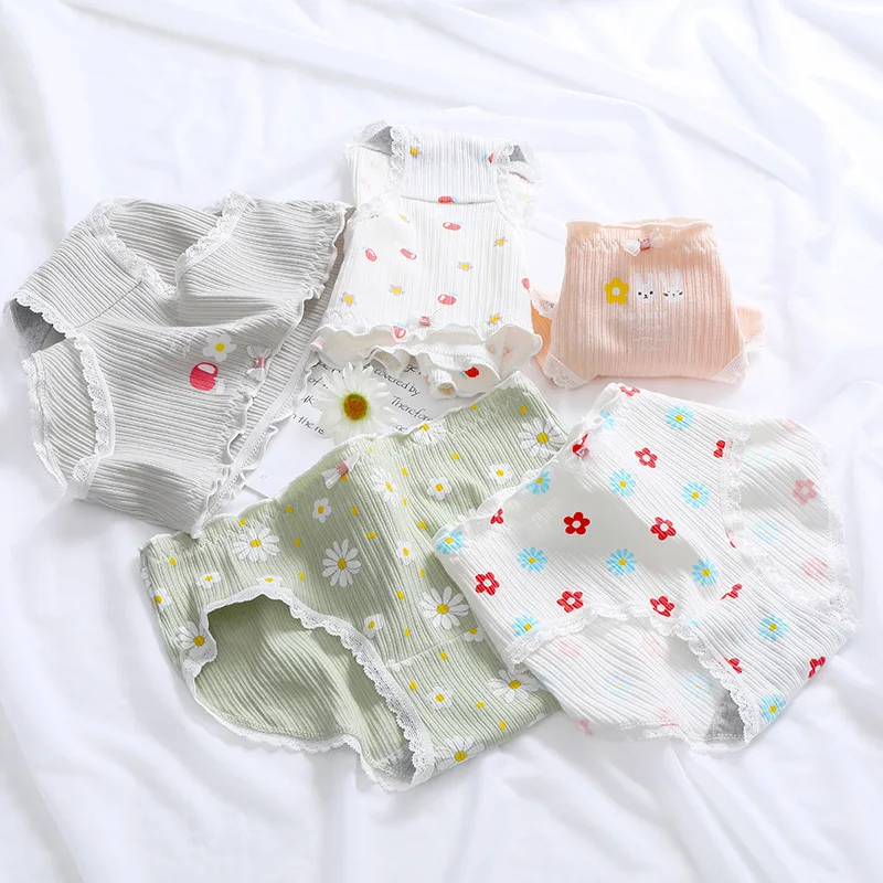 

5pcs/set Cotton Female Lingerie Japanese Girls Simple Cute Print Panties Mid Waist Women Underwear Underpants Breathable Briefs