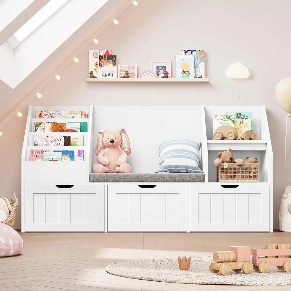 55.1’’ Kids Bookshelf with Reading Nook, Toy Storage Organizer with Seat Cushion and 3 Movable Drawers, Kids Reading Nook 4