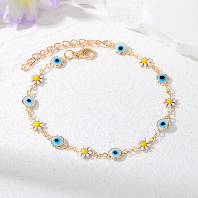 Beaded Bracelet Turkish Evil Eye Hamsa Hand Flower Beads Bracelet Women Boho Lucky Blue Eye Fatima Hand Adjustable Anklet Chain Wedding Jewelry