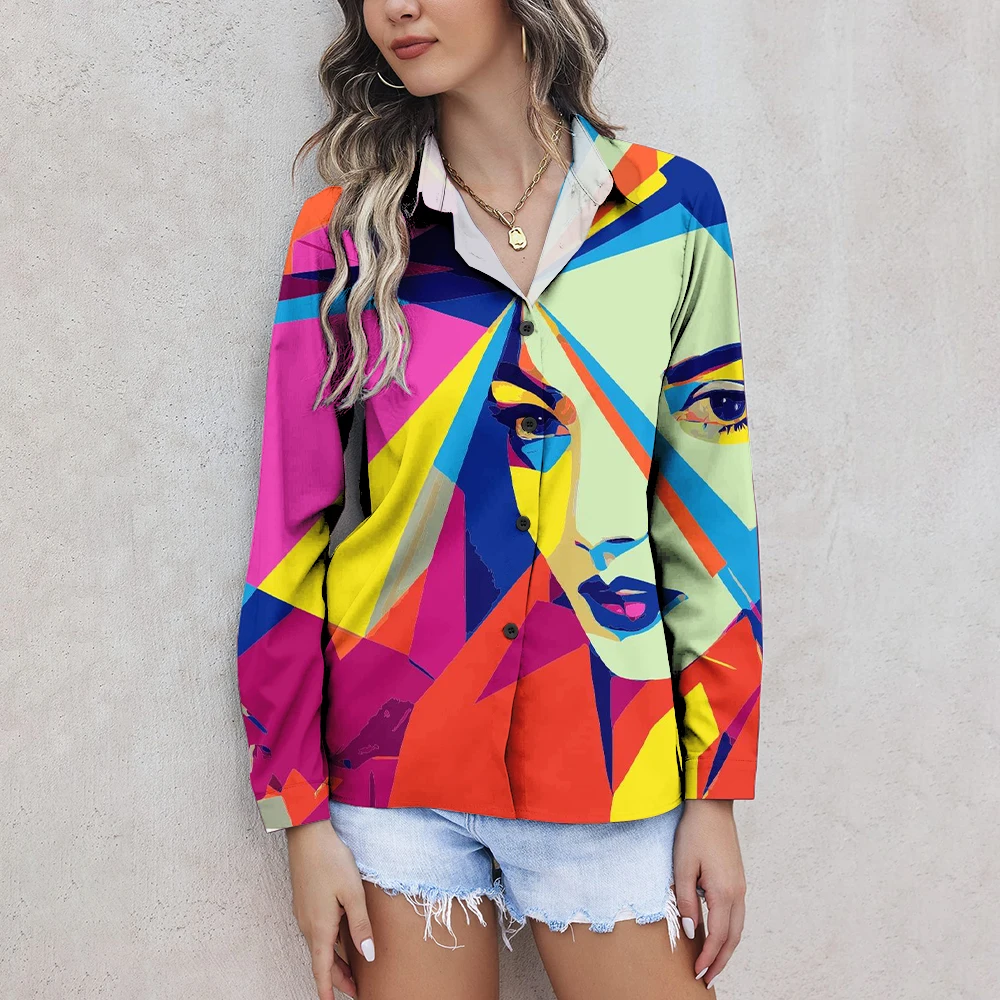 

Women shirts & blouses Shirt Fashion Abstract Face Printed Ladies Shirt Retro Casual Plus Size Loose Long-Sleeved blouses