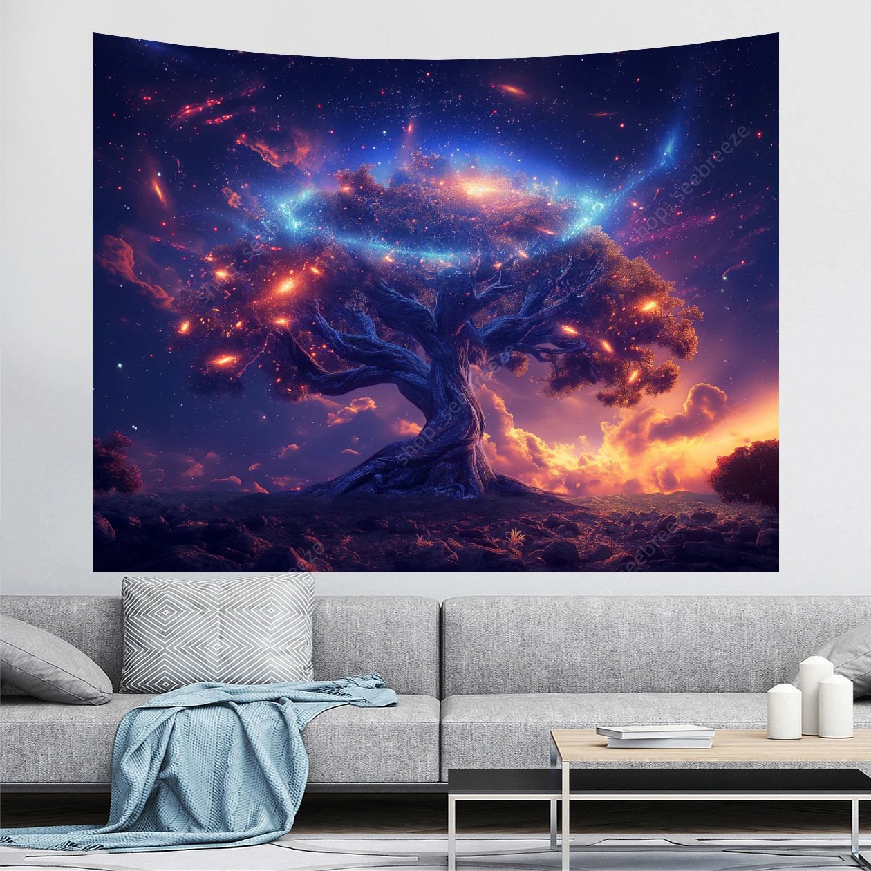 Faxdong Arazzo Decorativo Con Albero Della Vita, Luna E Stelle, Stile Retrò, 152x203 Cm, In Poliestere, Per Camera Da Letto, Soggiorno, Dormitorio.