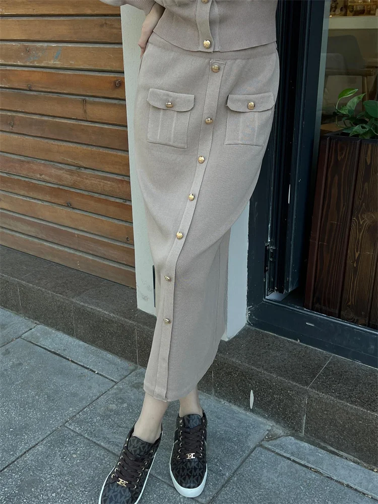Conjunto de 2 piezas de punto con solapa y falda larga para mujer, moda de retazos, conjuntos ajustados de cintura alta, ropa de calle, conjuntos de falda larga de otoño para mujer