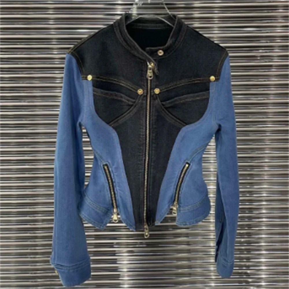 

Джинсовая комбинированная куртка, облегающие Короткие мотоциклетные блейзеры на молнии для женщин