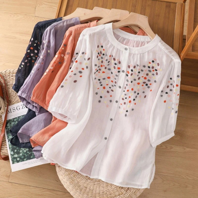

Embroidery Women's Blouses Summer 2023 New Loose Top O-neck Ladies Clothing Chinese Style Women Shirts YCMYUNYAN