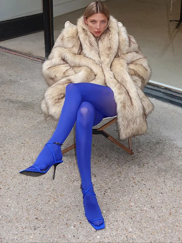 Fashion Open Front Laple Faux Fur Thick Jacket Women Luxury