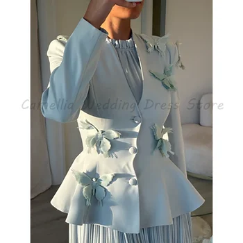 Elegante Abito Azzurro per la Madre della Sposa con Giacca Floreale e Gonna in Chiffon Plissettata, Vestito Formale per Ospiti di Matrimonio