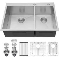 33 Inch Kitchen Sink Double Bowl 60/40 Stainless Steel 18 Gauge Drop In Top Mount Overmount Kitchen Sink Basin Washhand Stand 1
