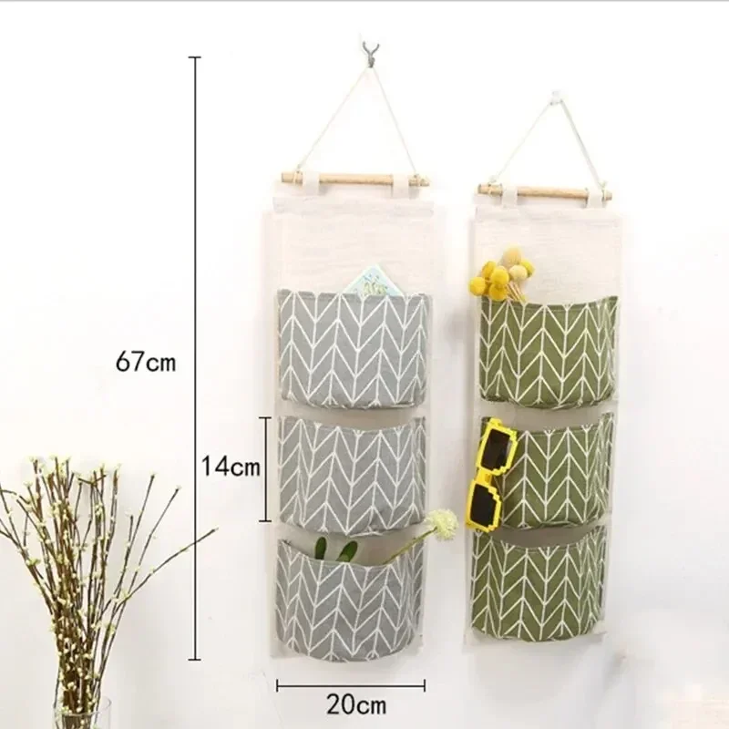 Cotton Linen Pattern Hanging Storage Bag 3 Pockets Wall Mounted Wardrobe Hang Bags Wall Pouch Cosmetic Toys Organizer 1/2PC hanging storage organizer hanging storage bag wall mounted organizer