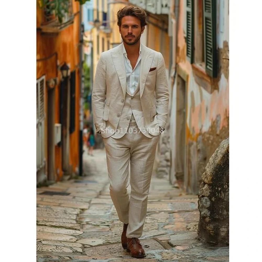 3 Piece Men's Linen Suits Beach Wedding Suit Summer Slim Fit Notch Lapel Jacket Casual Tuxedos For Wedding(Blazer+Vest+Pants)