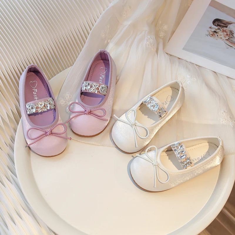 Girl Princess Shoes Purple Beige Crystal Elegant Spring Ballet Flats Bowtie Elastic Band Round Toe 23-34