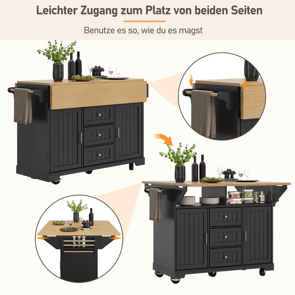 120 x 40 (80) x 95 cm Kücheninsel- und Buffetschrank – rollender doppelseitiger ausziehbarer Trolley, Türen + Schubladen, Handtuchhalter und Gewürzregal – Detail 24
