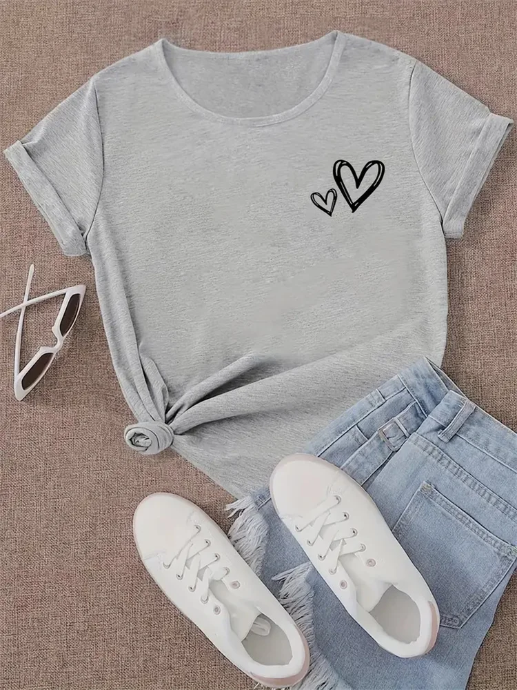 

Женская футболка с коротким рукавом, круглым вырезом и принтом сердечек, Повседневная дышащая футболка Y2K, модель 2024 года