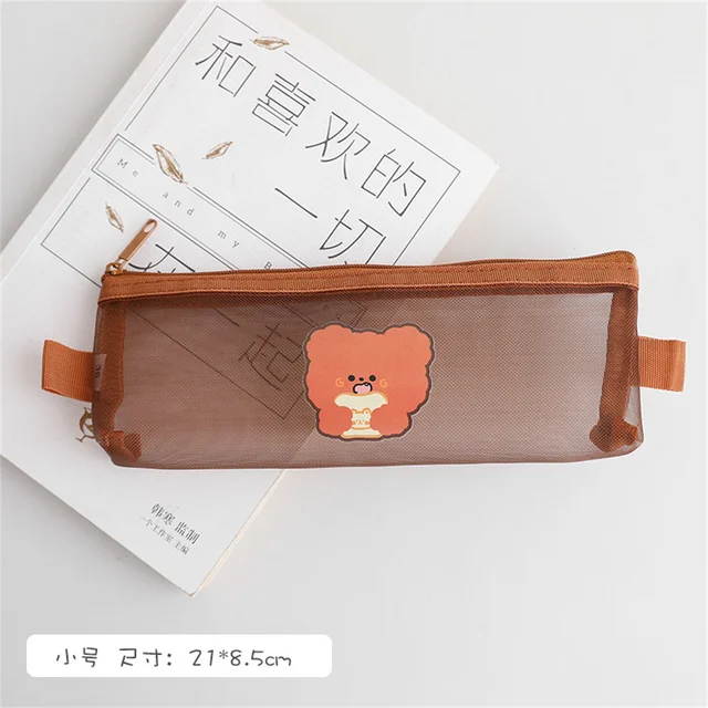 Cute Bear Transparent Mesh Pencil Case Ins Portable Toiletry Makeup Pencil Bag Stationery Gift School Pencil Box Crafts Supplies Bear bread-S
