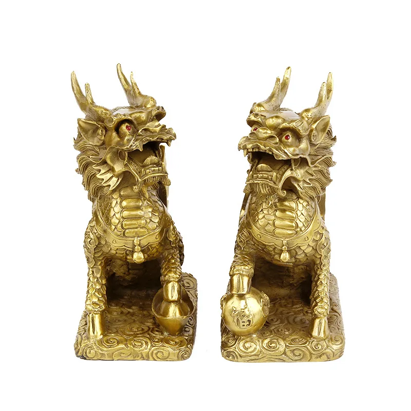 

Pure Copper Wealth Chinese Style Religion A Pair of Handicraft Sculptures for Kirin Home Desk Decorations Primitive Decor