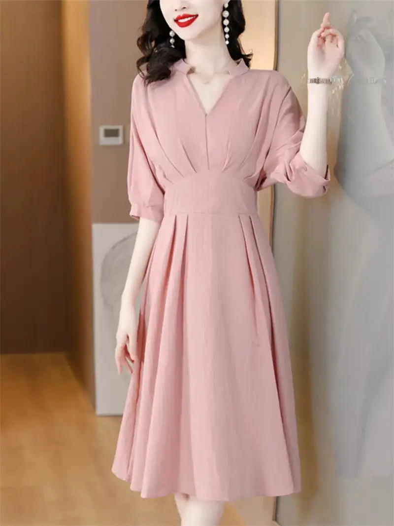 

2023 New French V-Neck Shirt Long Dress White Temperament Bubble Sleeve Dress Women's Summer Korean Elegant Clothing Z1044