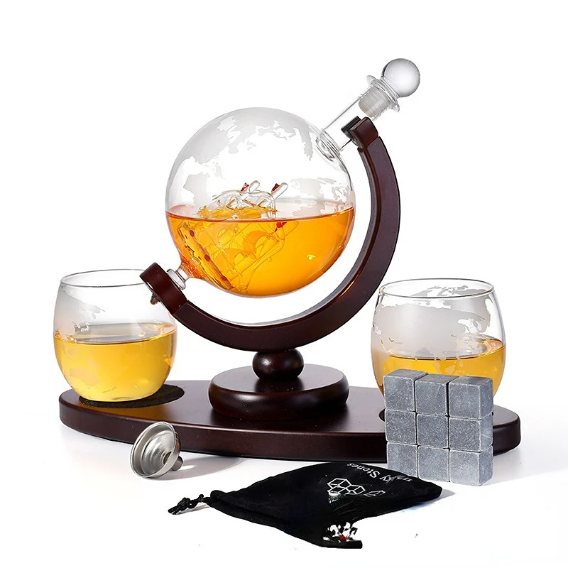 Whiskey Globe Decanter 28 Ounce Etched World Globe Decanter Set for