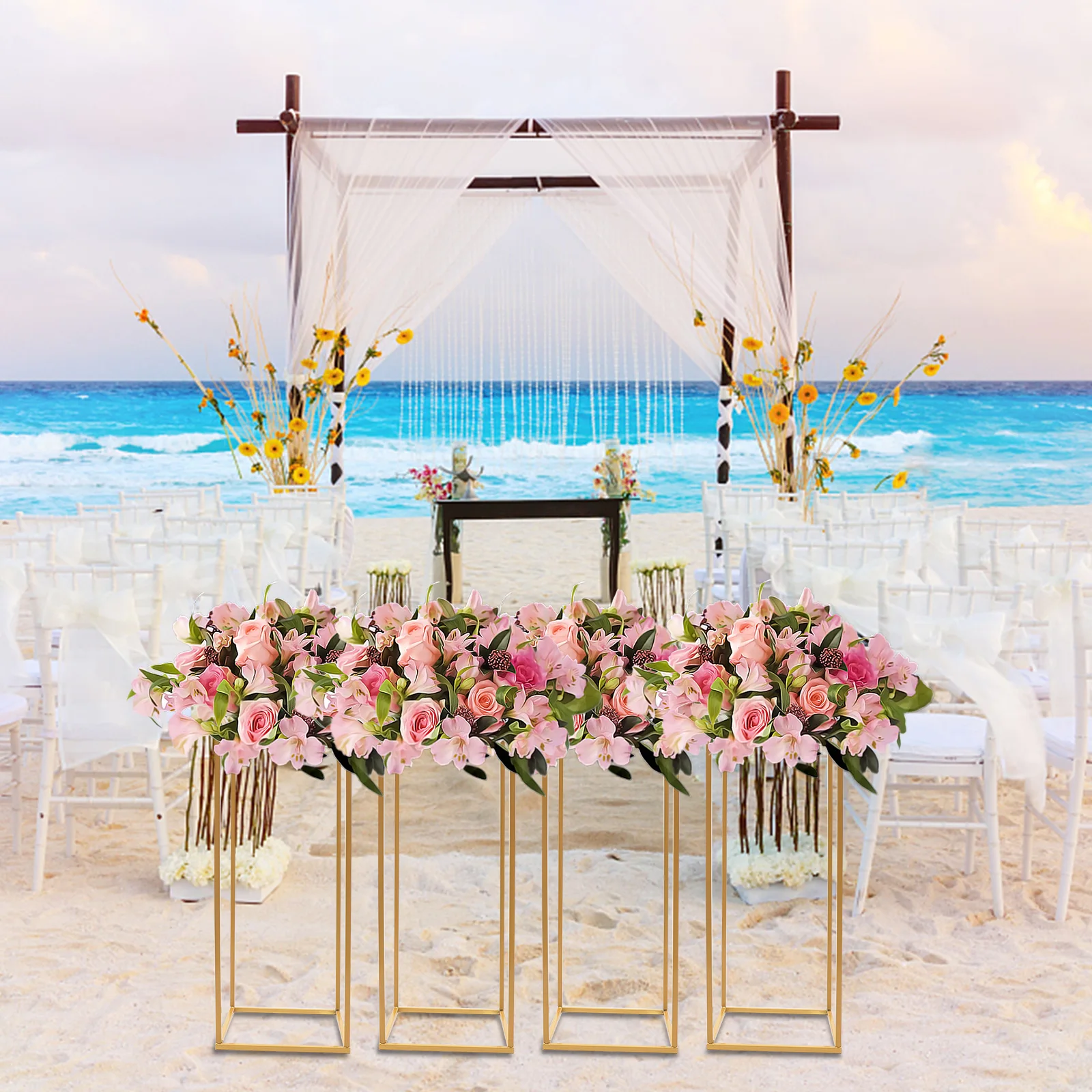 4Pcs Wedding Flower Stand Set 23.62"H Gold Metal Column Rack Wedding Party Prop Decor Balloon Display Holder Flower Vase Pillar
