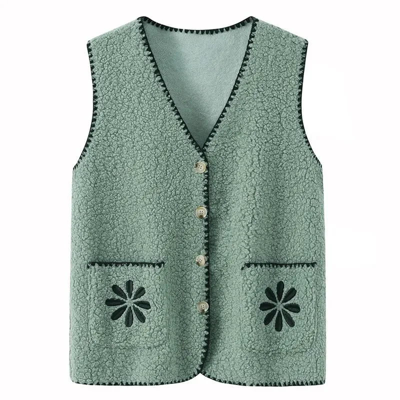 

Fashion Granular Velvet Vest Middle-Aged Elderly Women's Waistcoat Tops Spring Autumn Sleeveless Lamb Wool Embroidery Coat 2024