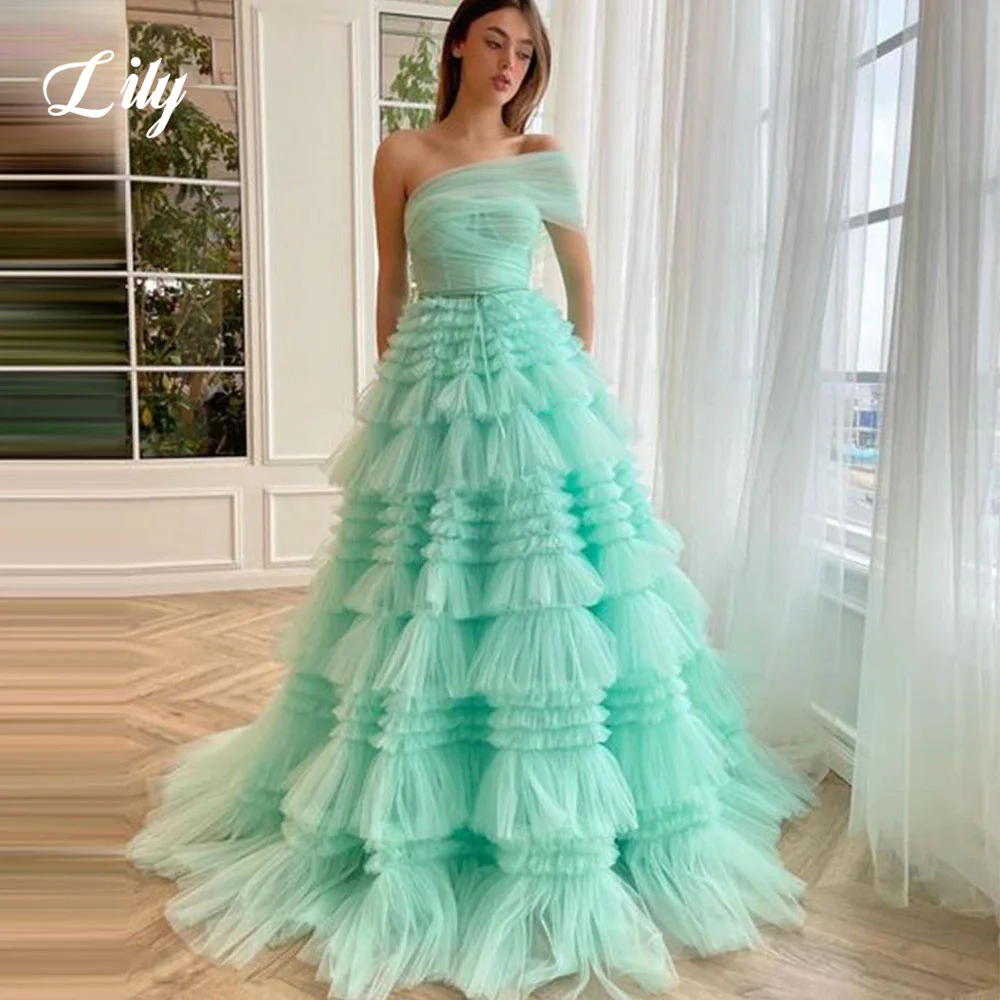 

Lily Vintage Mint Green A-line Prom Dress One Shoulder Tiered Tulle Pleat Evening Party Gowns With Sash Custom Vestido De Noche