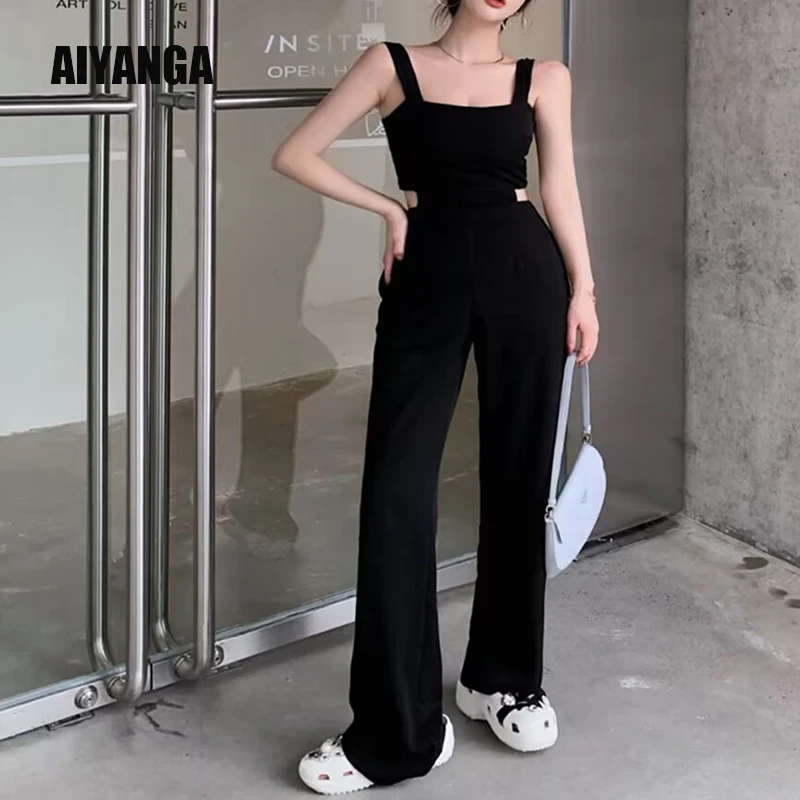

Women Hollow Waist Spaghetti Strap Lady Office Wide Leg Jumpsuit Long Pants Black Playsuit 2023 New Female Slim Fit Jumpsuits