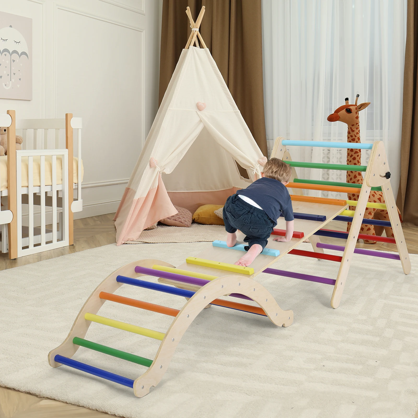 Foldable Climbing Triangle Ladder Toys with Ramp for Sliding,Climbing Set of 3 Wooden Safety Sturdy Kids Play Gym Indoor Outdoor 2