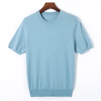 Summer new pure wool knitted short-sleeved men's thin solid color O-neck loose breathable trend sweater 2