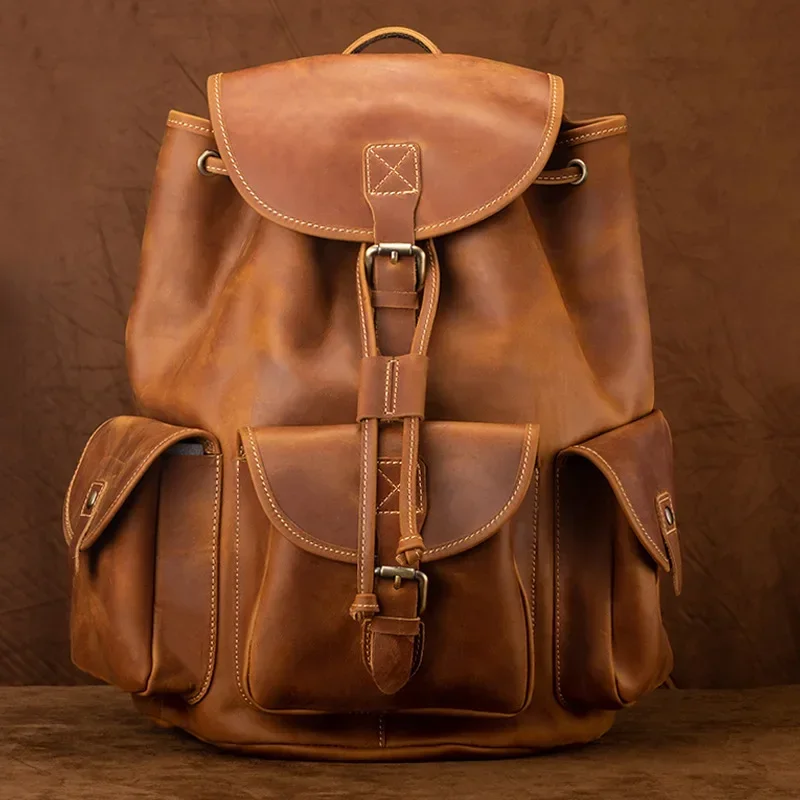 Genuine Leather Men's Backpack Vintage Casual Bag with Large Capacity